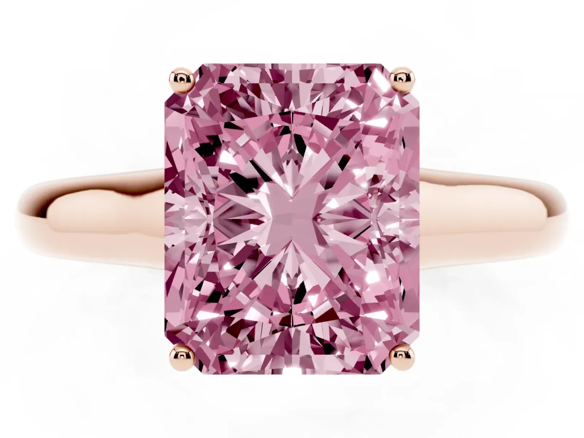 Fancy Pink Radiant Cut Solitaire Engagement Ring with Tapered Band and Four-Prong Setting Rose gold
