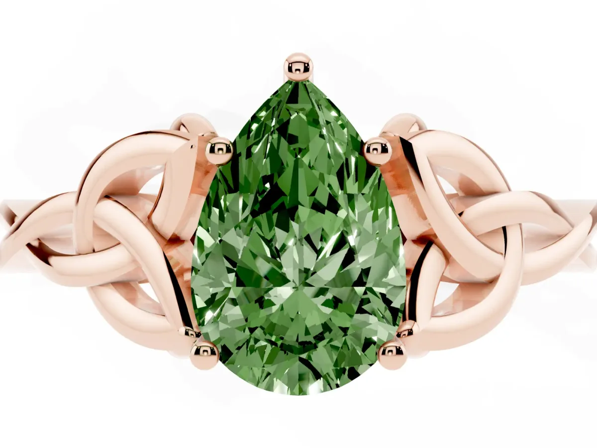 Fancy Green Pear Cut Diamond Solitaire Engagement Ring with Celtic Knot Band and Four-Prong Setting Rose gold