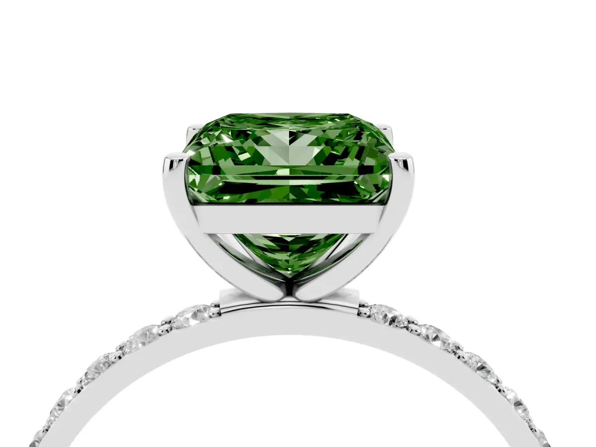 Fancy Green Princess Cut Diamond Solitaire Ring with Round Pavé Shoulders and Prong Setting Silver