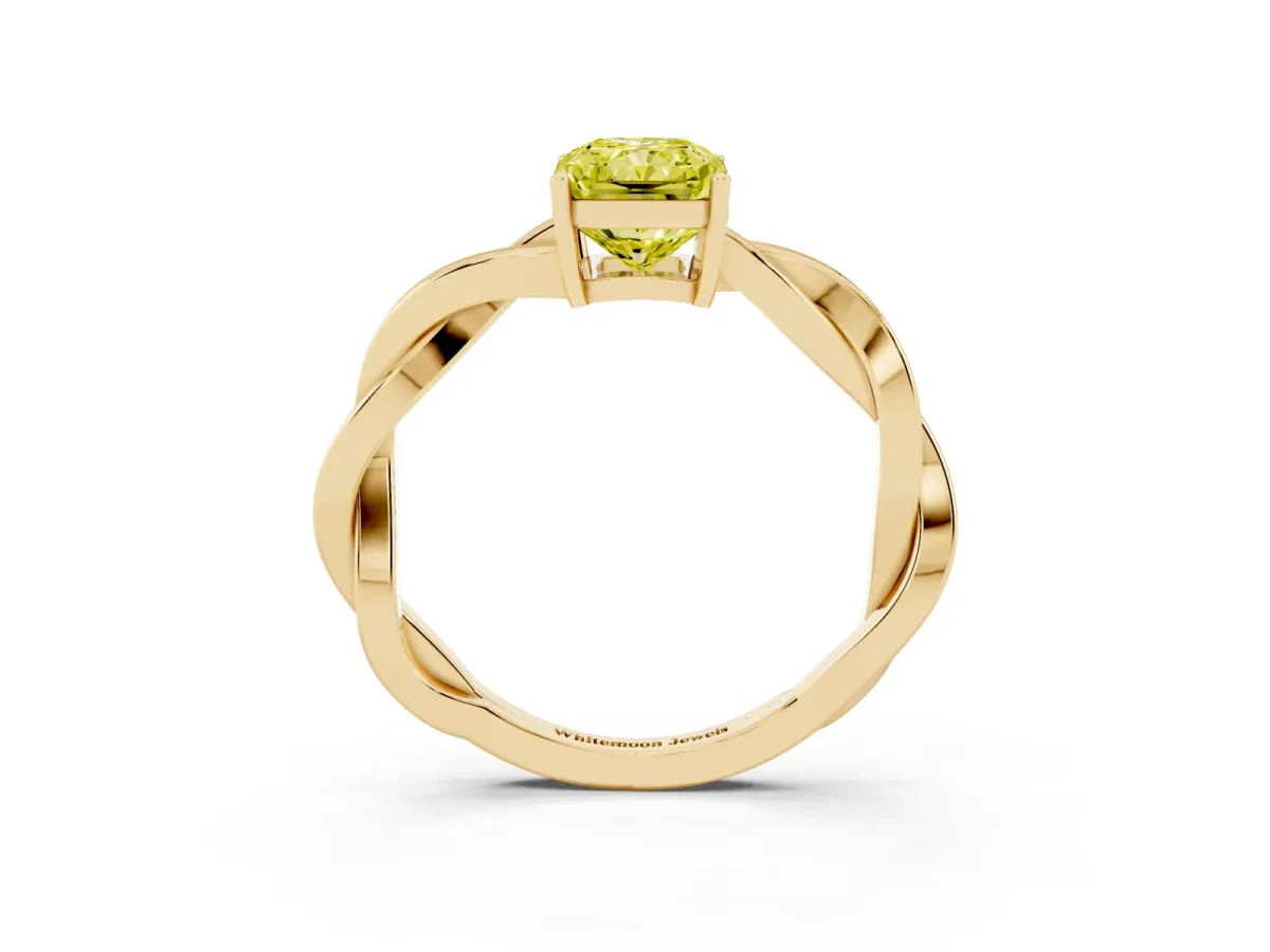 Fancy Yellow Radiant Cut Solitaire Twisted Pave Diamond Ring with Four-Prong Setting Yellow gold