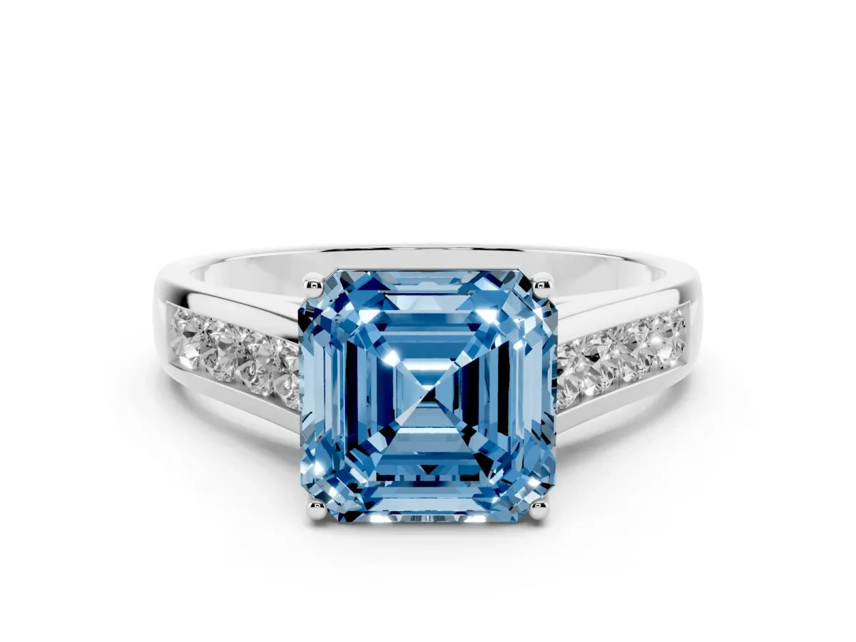 Fancy Blue Asscher Cut Brilliant Channel-Set Solitaire Ring with Four-Prong Setting Silver