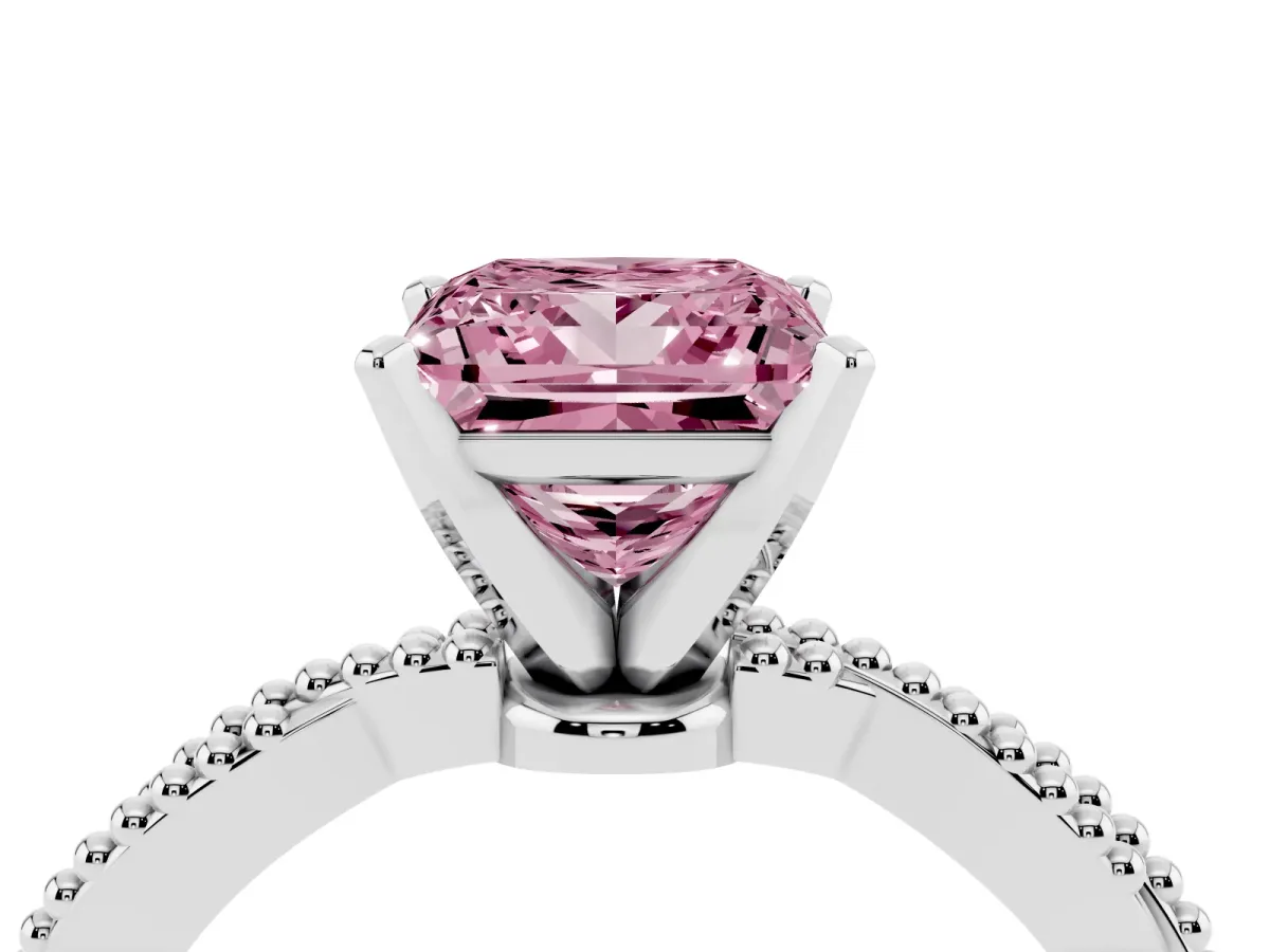 Fancy Pink Princess Cut Solitaire Twisted Band with Bead Prong Setting Platinum