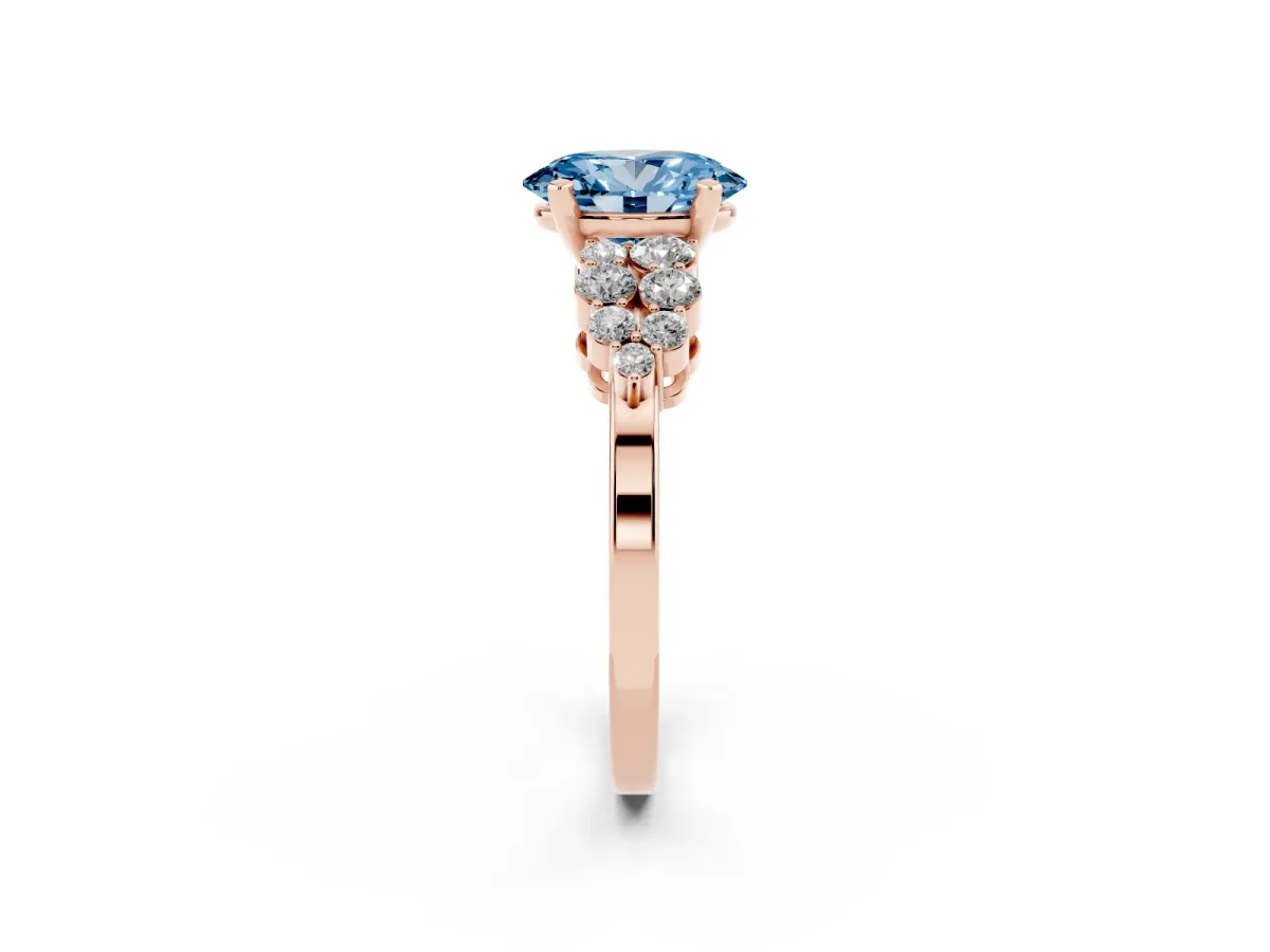 Fancy Blue Oval Cut Cluster Diamond Engagement Ring with Pavé Band and Four-Prong Setting Rose gold