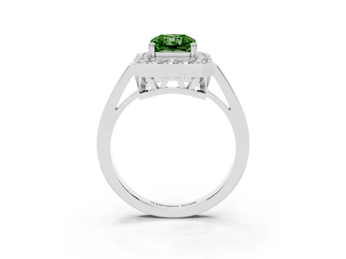 Fancy Green Radiant Cut Diamond Halo Ring with Split Shank and Four-Prong Setting Silver