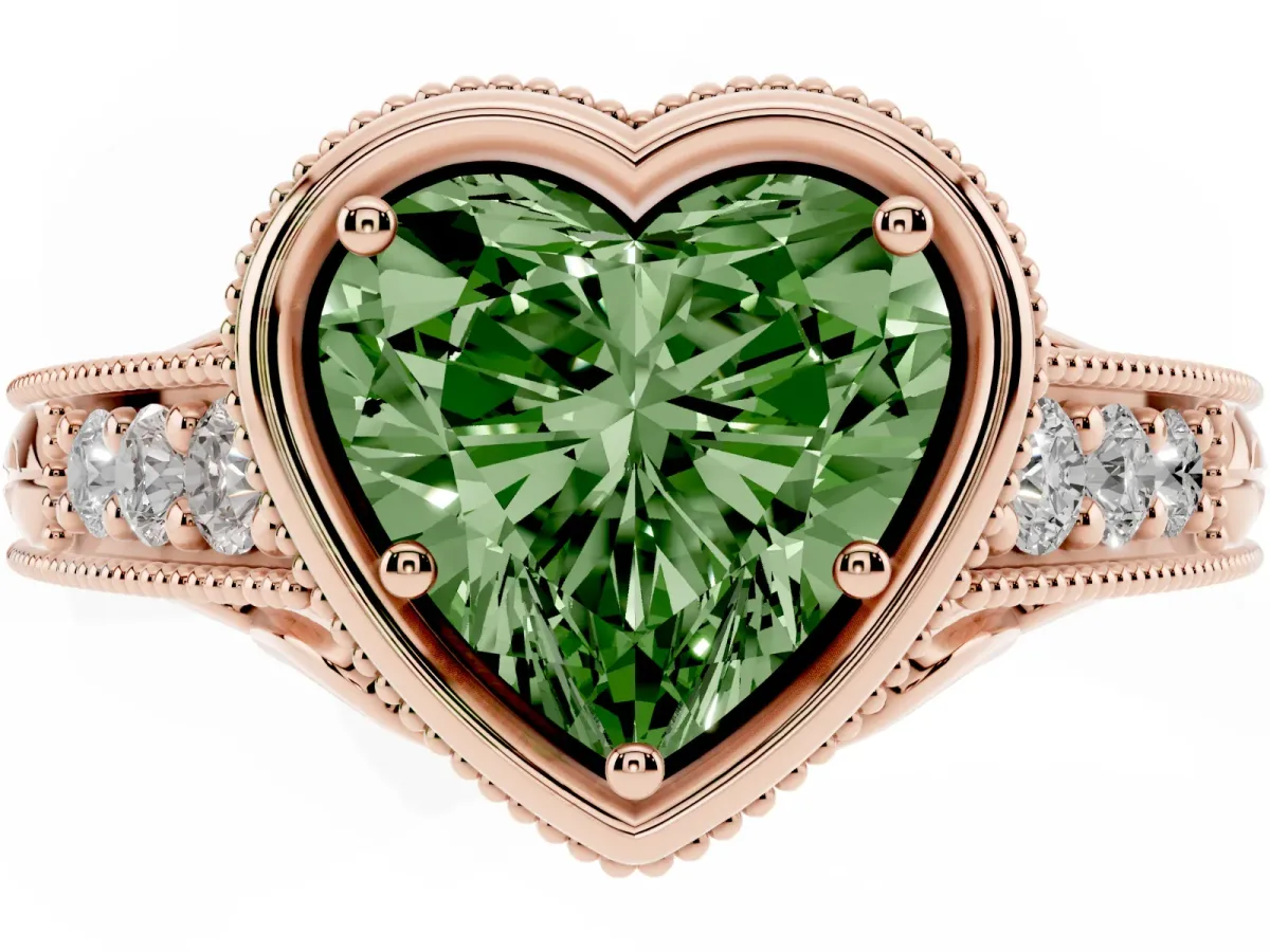 Fancy Green Bezel Set Heart Cut Diamond Milgrain Pave Engagement Ring Rose gold