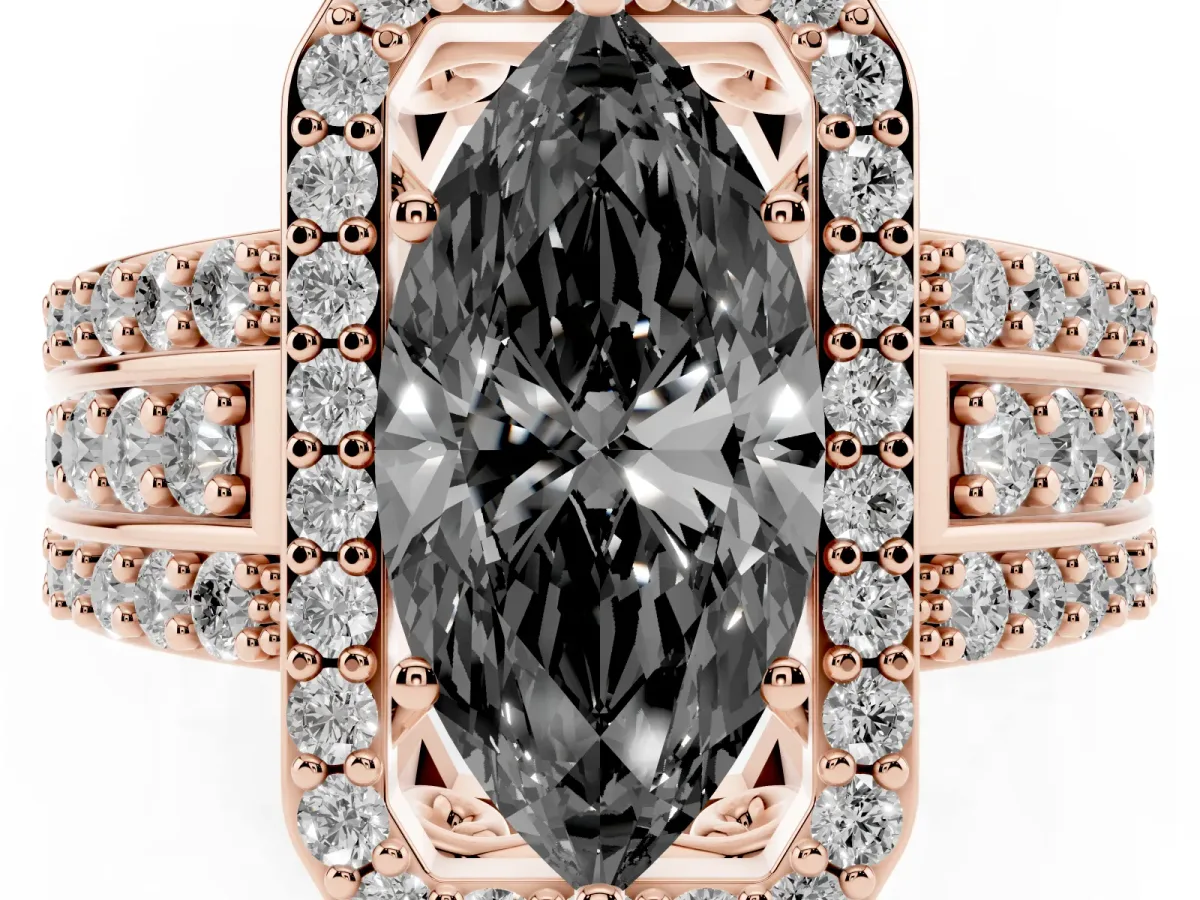 Fancy Black Marquise Cut Halo Diamond Ring with Round Split Shank and Prong Setting Rose gold