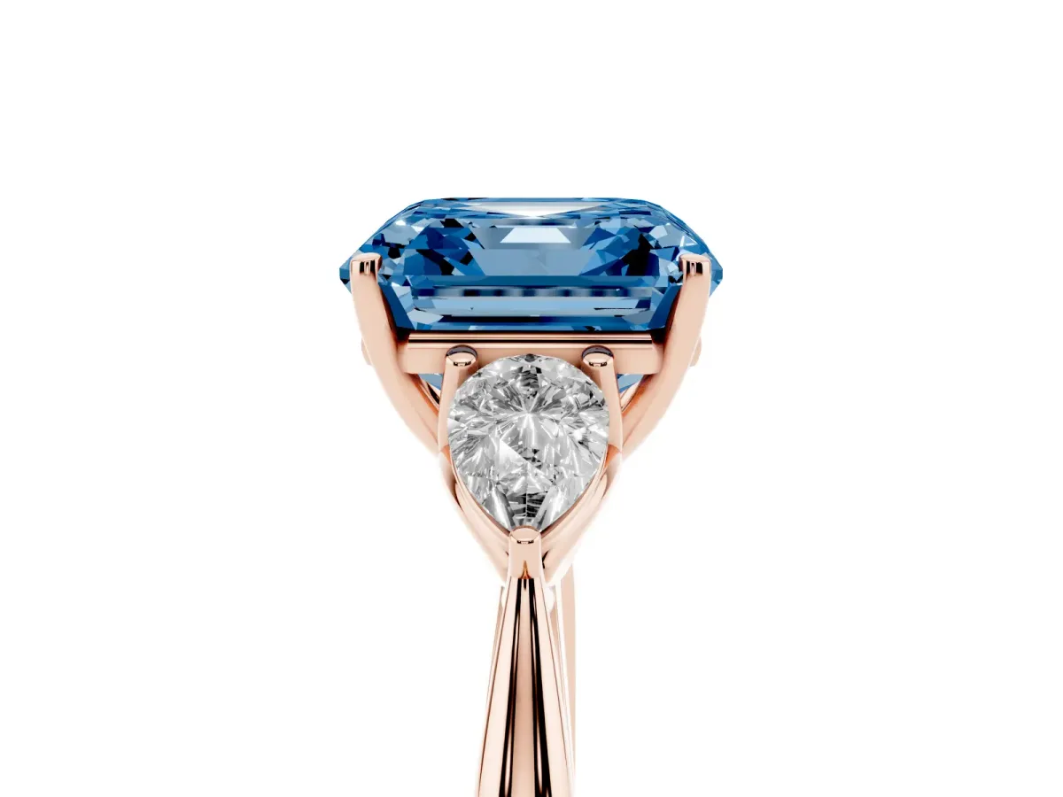 Fancy Blue Three-Stone Asscher Cut Brilliant Diamond Solitaire Ring with Tapered Band and Four-Prong Setting Rose gold