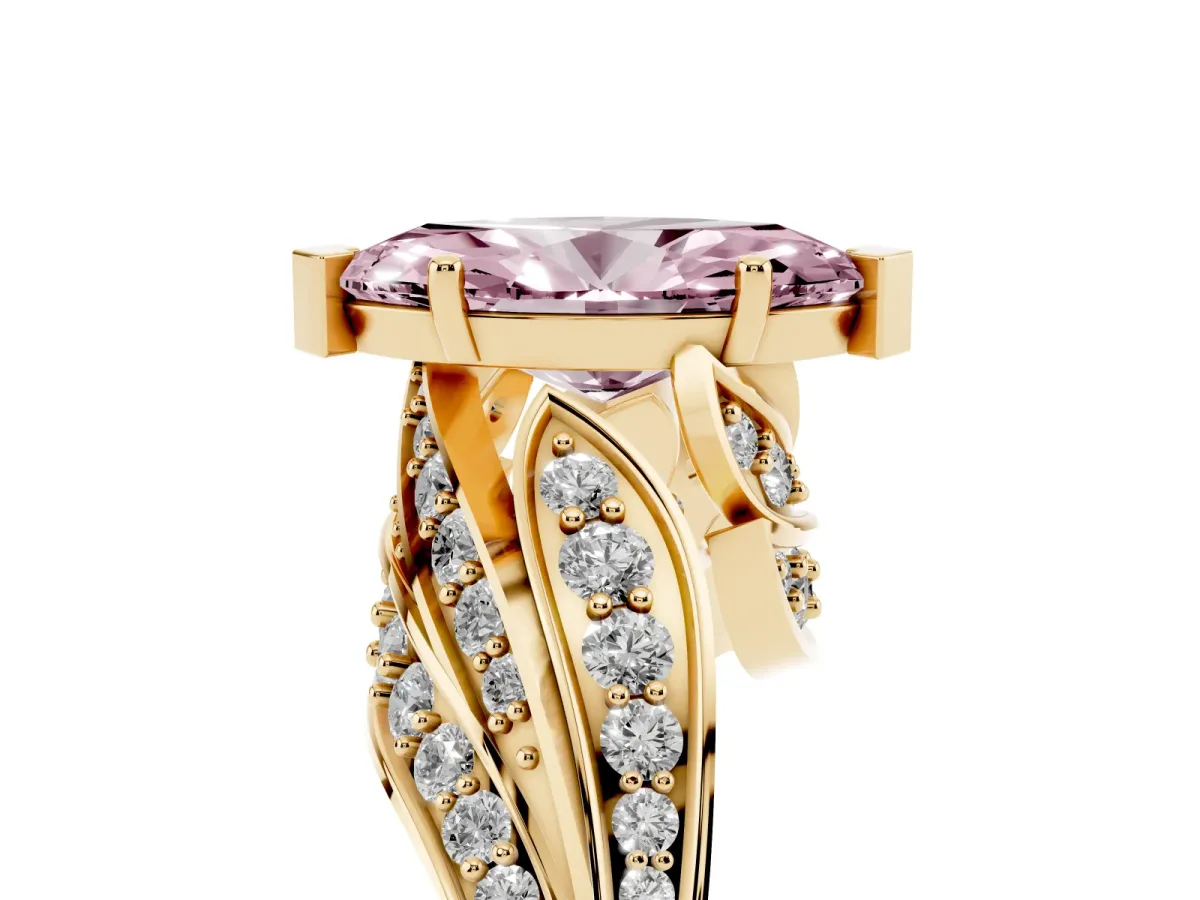 Fancy Pink Marquise Cut Diamond Solitaire Ring with Prong Setting and Twisted Pavé Band Yellow gold