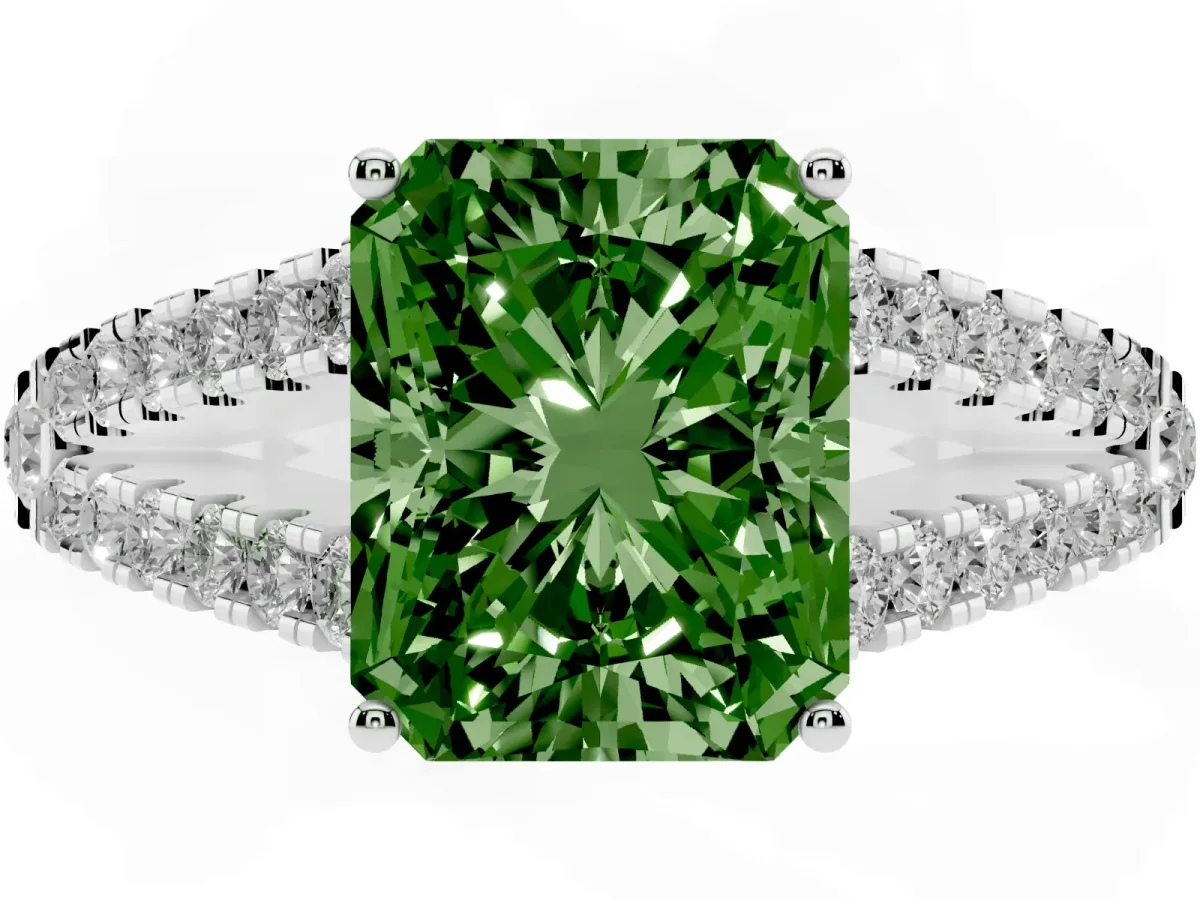 Fancy Green Radiant Cut Diamond Split Shank Engagement Ring with Round Pavé and Prong Setting Silver