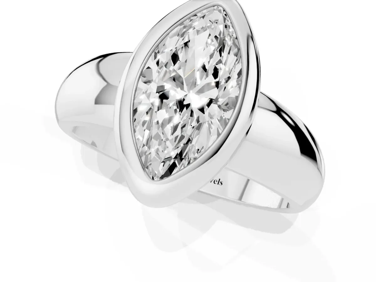 Bezel Set Marquise Cut Solitaire Ring with Wide Band White gold