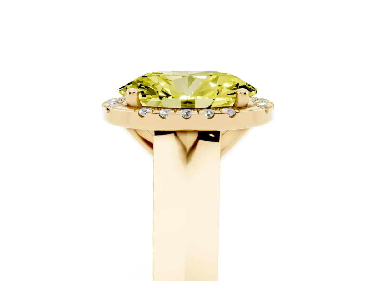 Fancy Yellow Oval Cut Halo Diamond Ring with Cathedral Band and Four-Prong Setting Yellow gold