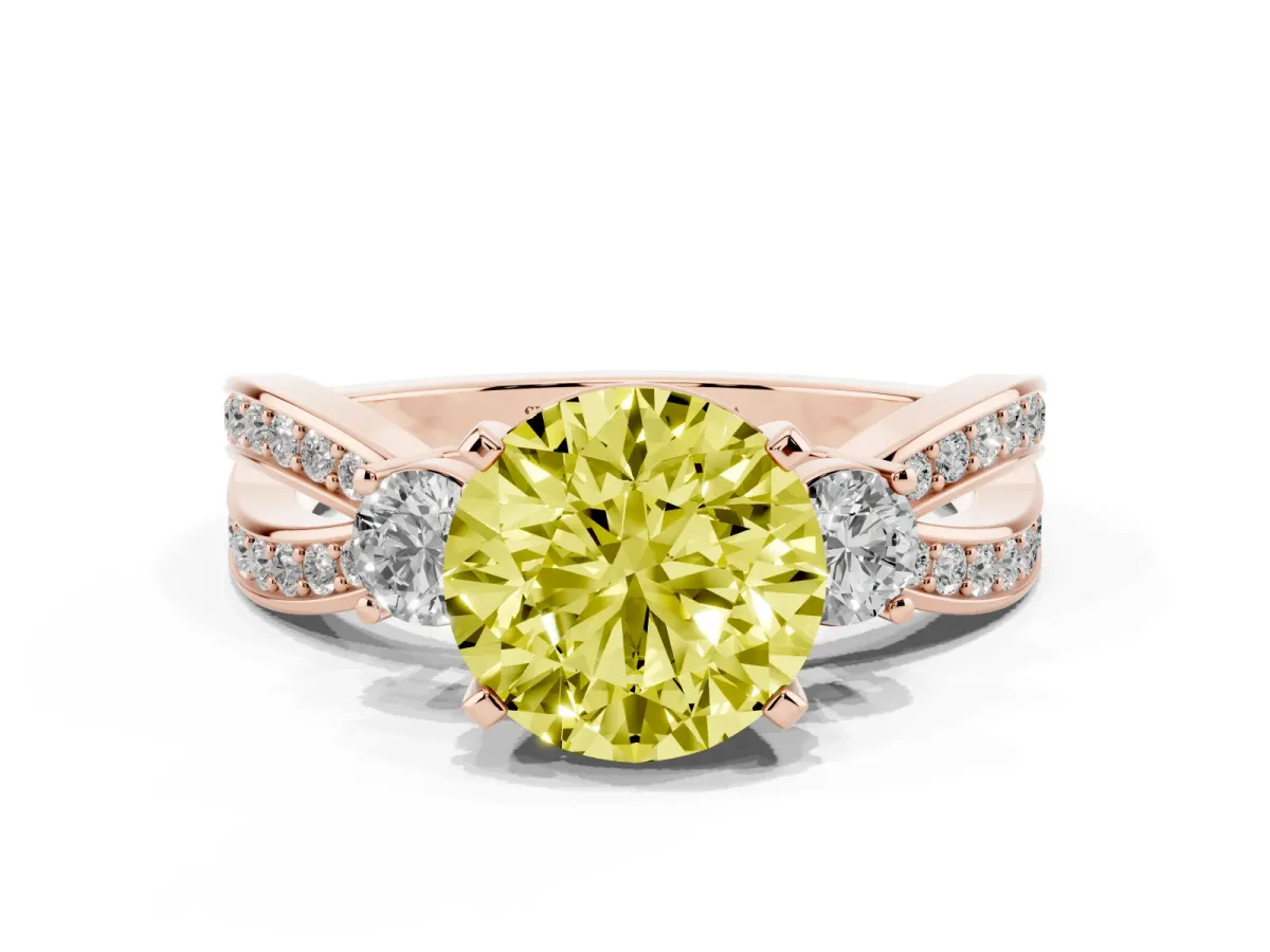 Fancy Yellow Three-Stone Round Cut Cut Diamond Twist Band with Prong Setting Rose gold