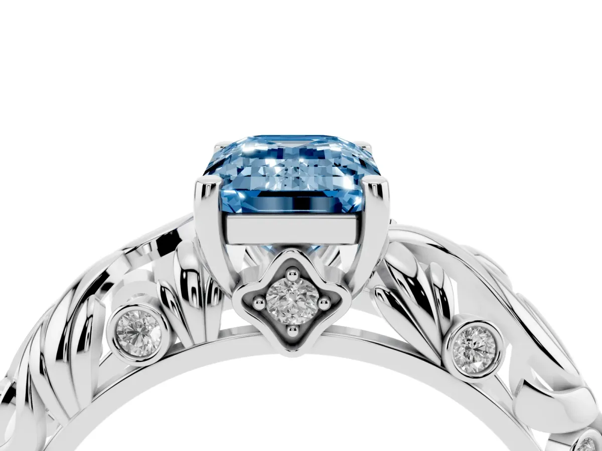 Fancy Blue Emerald Cut Solitaire Diamond Leaf-Inspired Vine Band Ring with Prong Setting Platinum
