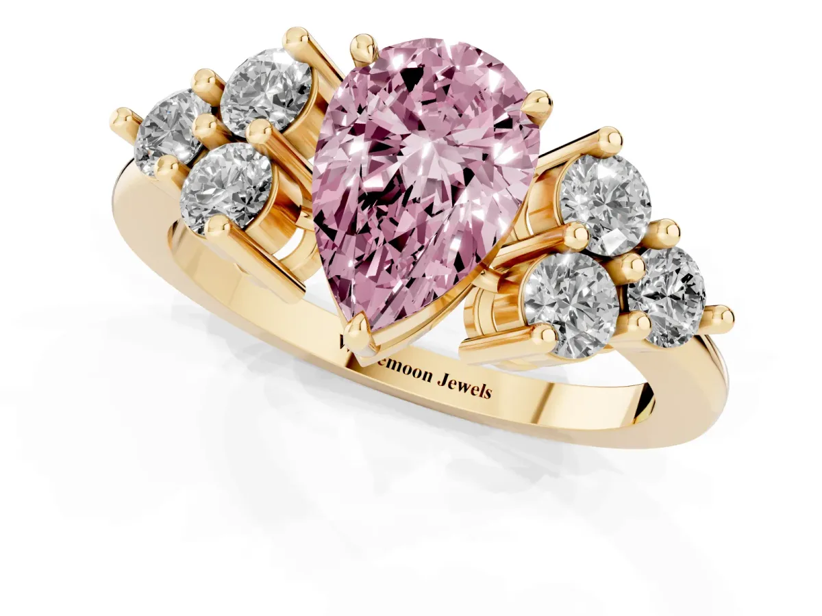 Fancy Pink Pear Cut Brilliant Diamond Cluster Accent Solitaire Ring with Prong Setting Yellow gold