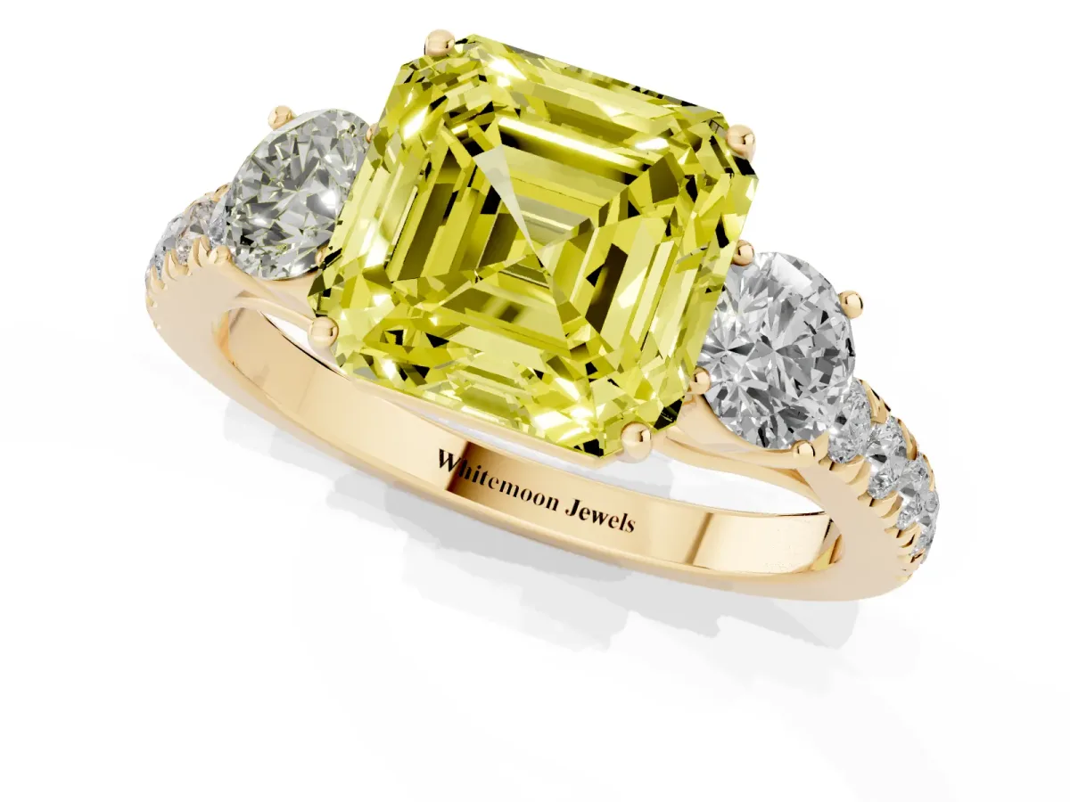 Fancy Yellow Asscher Cut Cut Diamond Three-Stone Ring with Round Side Stones and Pavé Band Yellow gold