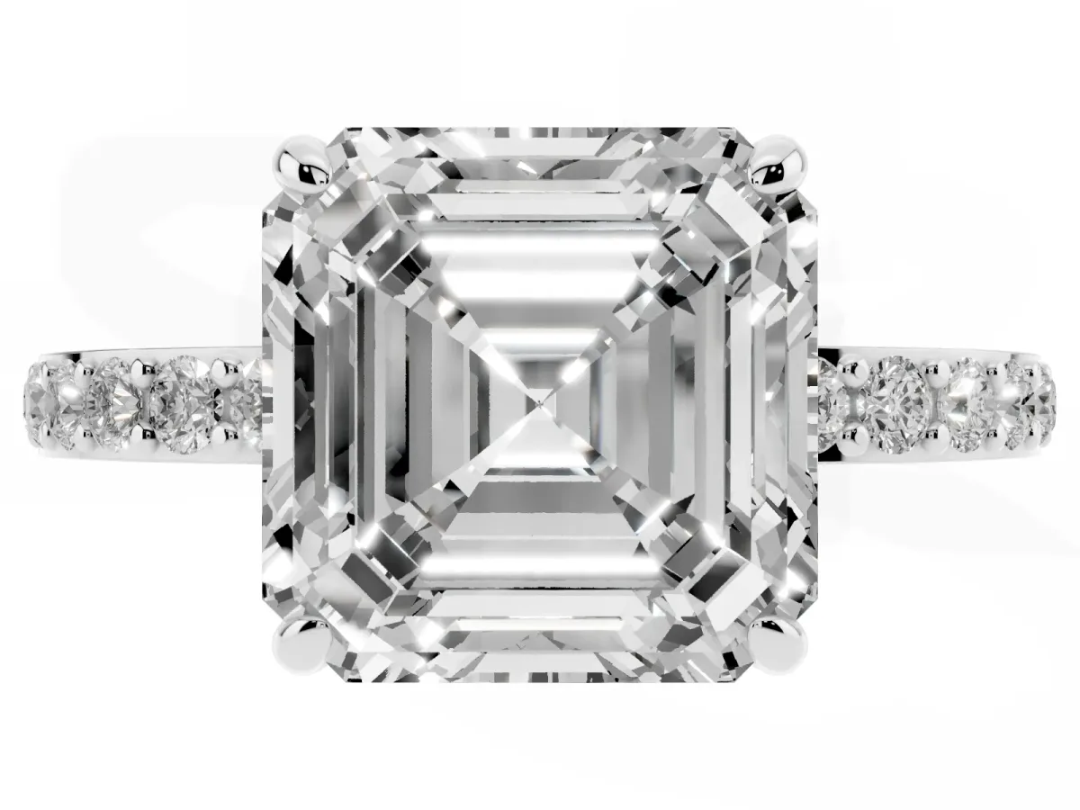 Asscher Cut Diamond Solitaire Engagement Ring with Pavé Band and Four-Prong Setting Platinum