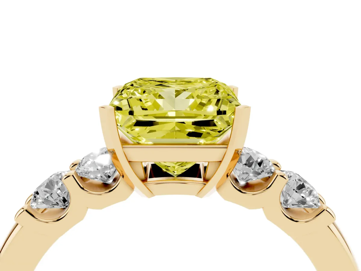 Fancy Yellow Princess Cut Brilliant Cut Diamond Five-Stone Prong Set Engagement Ring with Channel Band Yellow gold