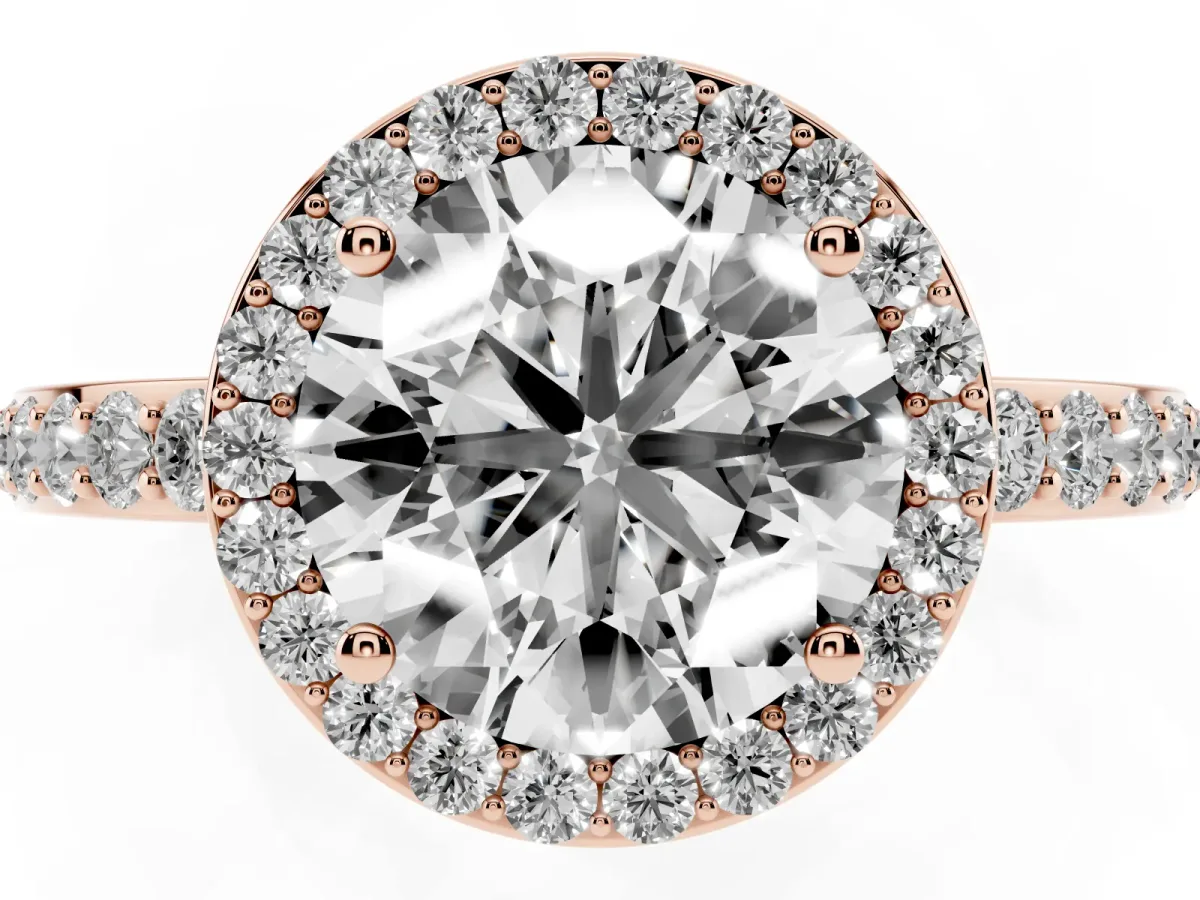 Round Cut Halo Diamond Pavé Band Ring with Prong Setting Rose gold