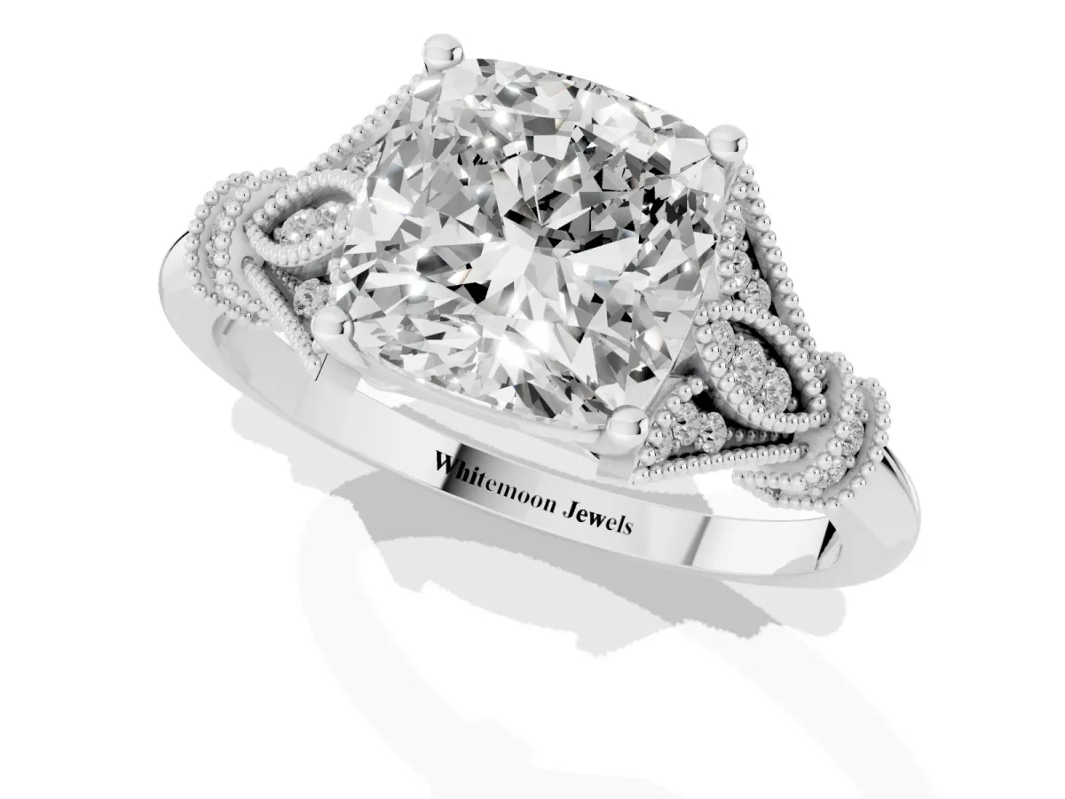 Cushion Cut Diamond Solitaire Ring with Floral Filigree and Pave Accents White gold