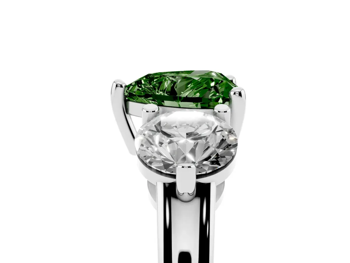 Fancy Green Three-Stone Heart Cut Brilliant Cut Solitaire Ring with Prong Setting on a Classic Band White gold