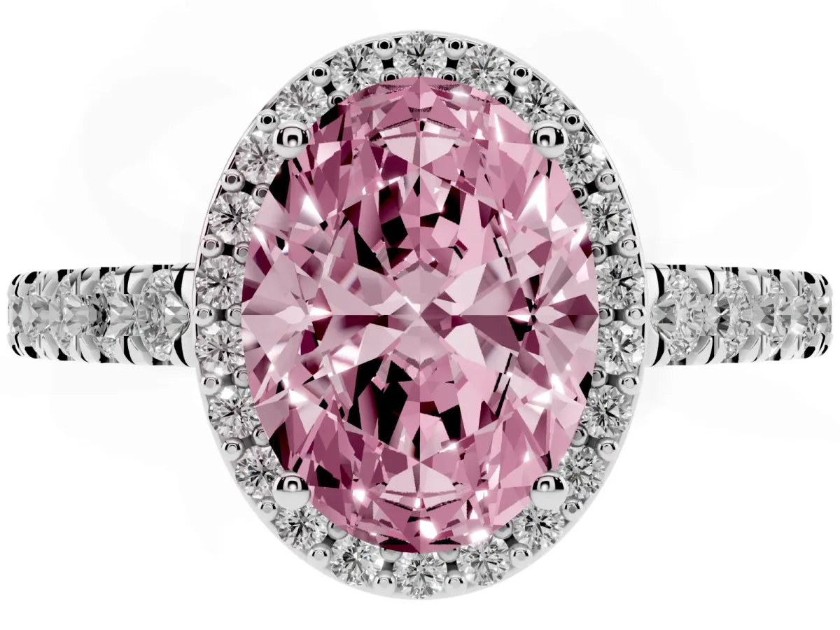 Fancy Pink Oval Cut Cut Halo Diamond Engagement Ring with Pave Band and Four-Prong Setting Silver