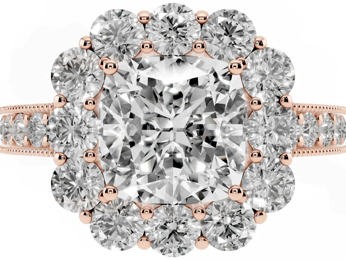 Cushion Cut Cut Halo Diamond Pavé Engagement Ring with Milgrain Detailing Rose gold