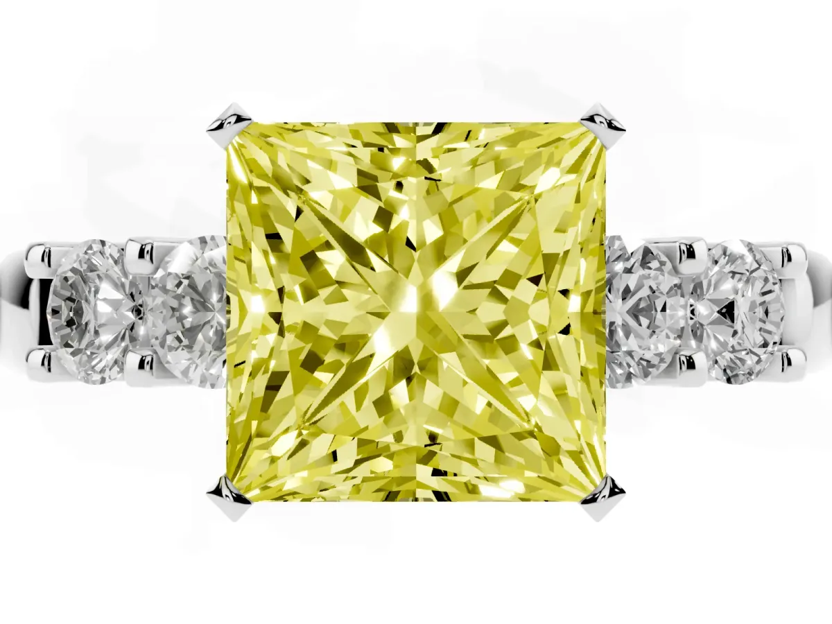 Fancy Yellow Princess Cut Brilliant Cut Diamond Five-Stone Prong Set Engagement Ring with Channel Band White gold