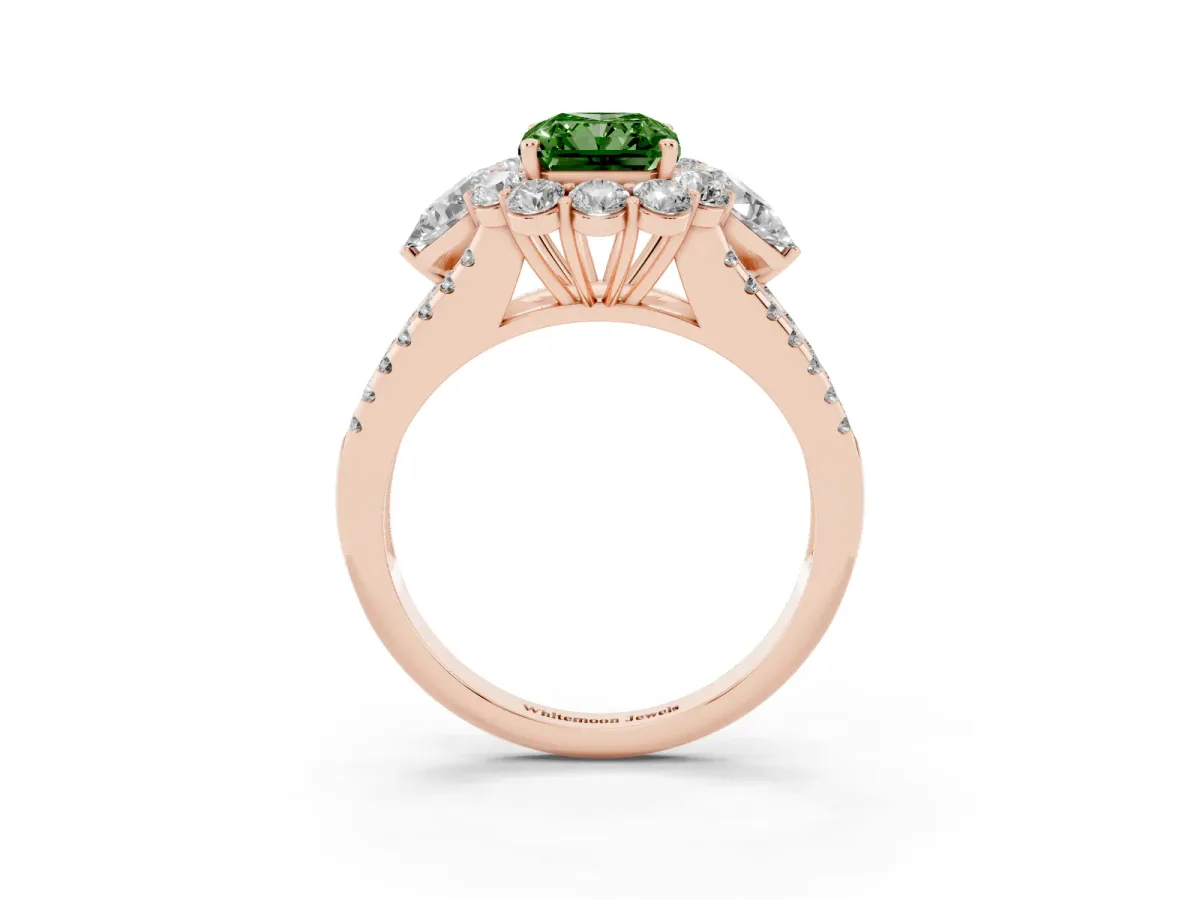 Fancy Green Radiant Cut Halo Split Shank Diamond Engagement Ring with Prong Setting Rose gold
