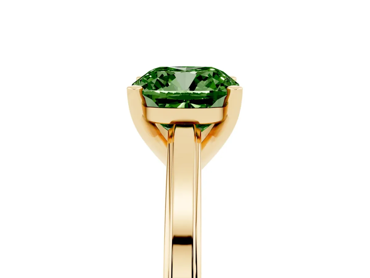 Fancy Green Cushion Cut Solitaire Diamond Ring with Four-Prong Setting and Classic Band Yellow gold