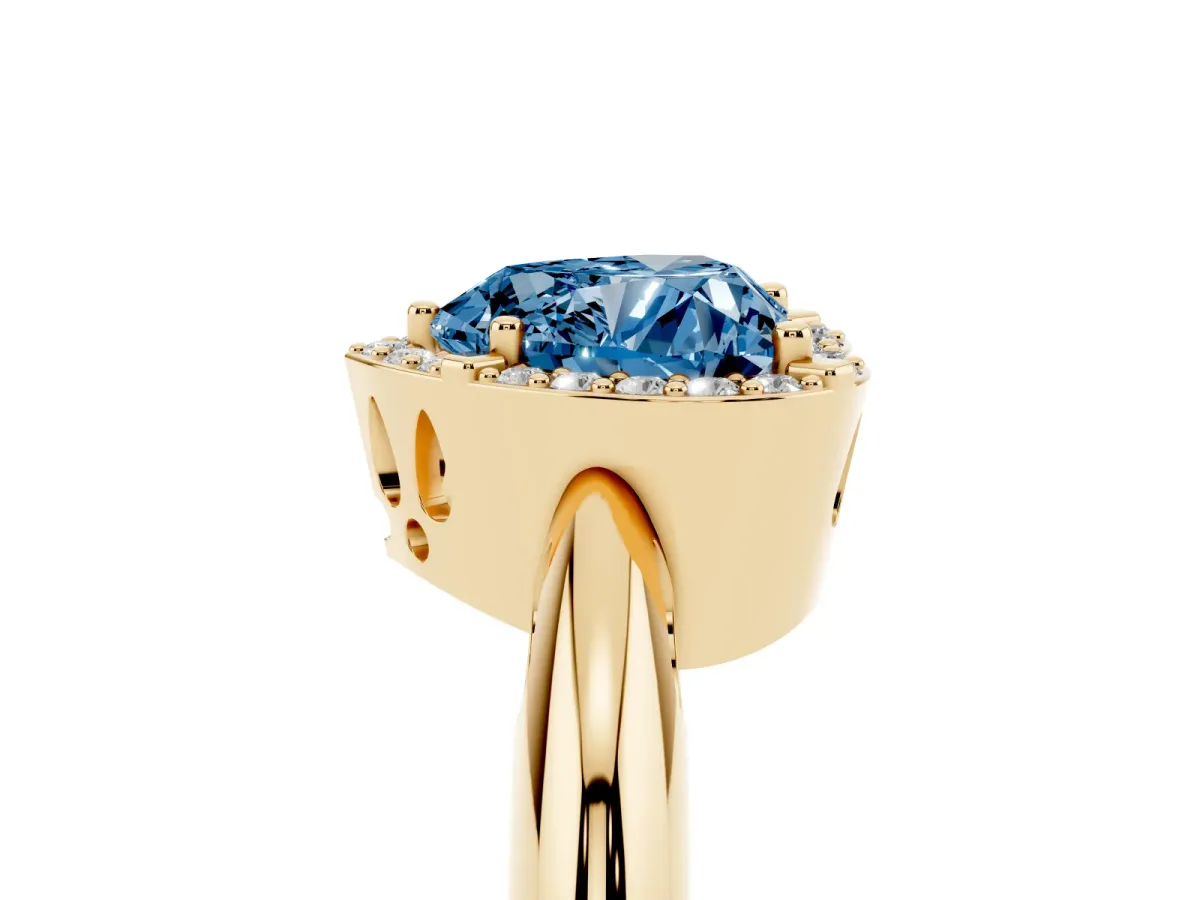 Fancy Blue Heart Cut Cut Diamond Halo Engagement Ring with Split Shank and Four-Prong Setting Yellow gold