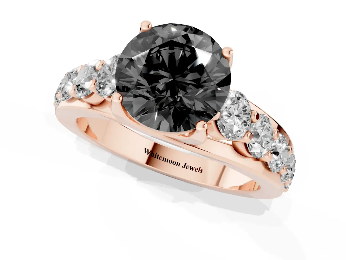 Fancy Black Round Cut Diamond Engagement Ring with Pavé Band and Four-Prong Setting Rose gold