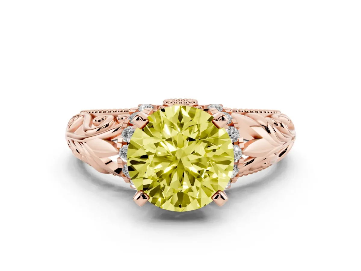 Fancy Yellow Round Cut Solitaire Filigree Engagement Ring with Halo and Prong Setting Rose gold