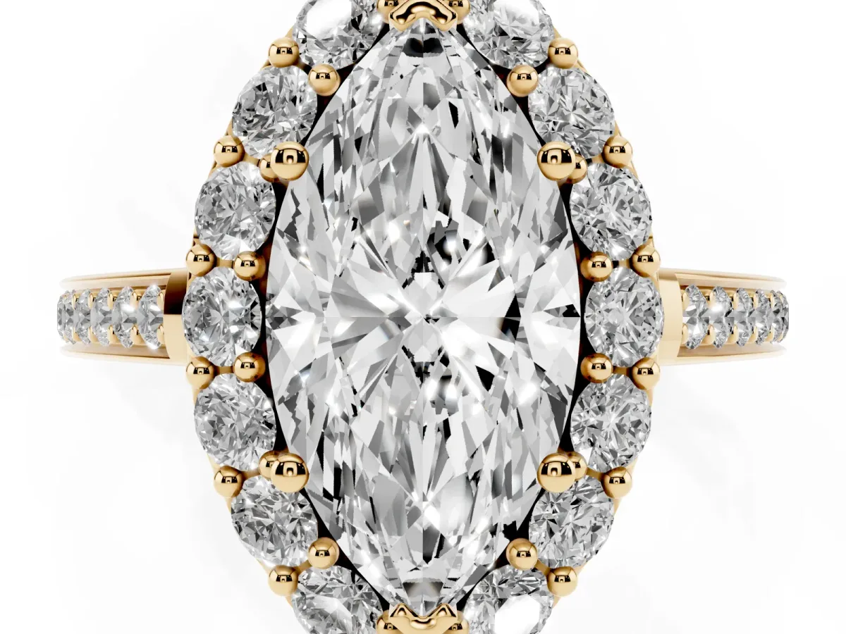 Marquise Cut Diamond Floral Halo Ring with Pavé Band and Prong Setting Yellow gold