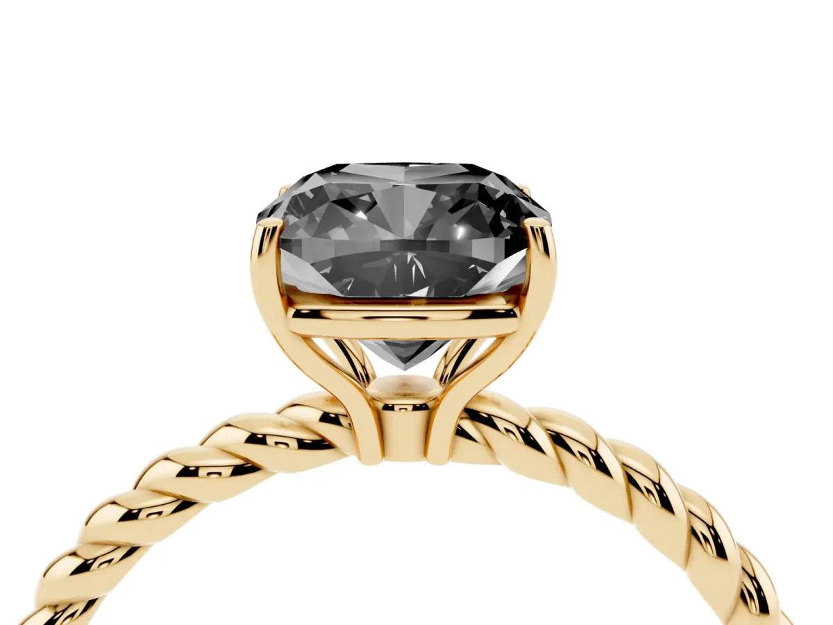Fancy Black Cushion Cut Solitaire Twisted Band 4-Prong Ring Yellow gold
