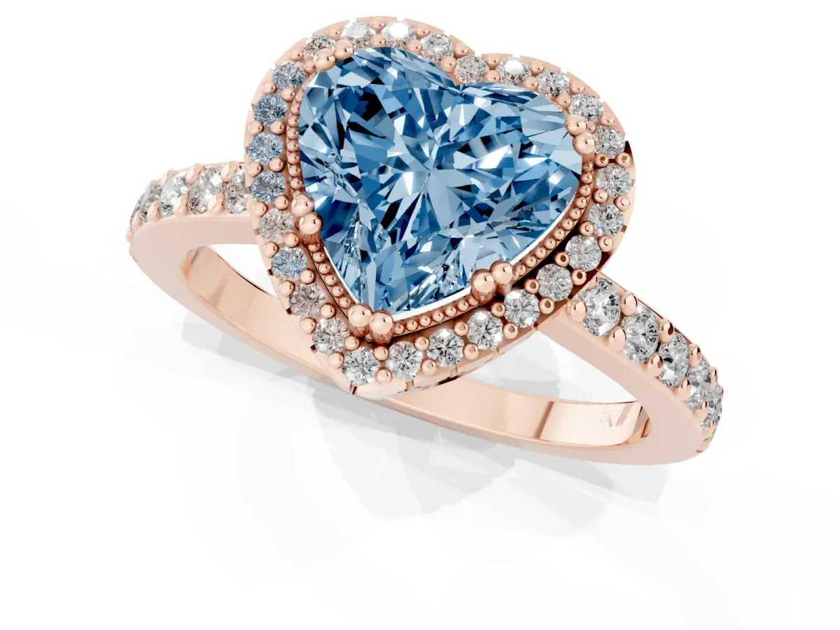 Fancy Blue Heart Cut Cut Diamond Halo Engagement Ring with Milgrain Detail and Pavé Band Rose gold