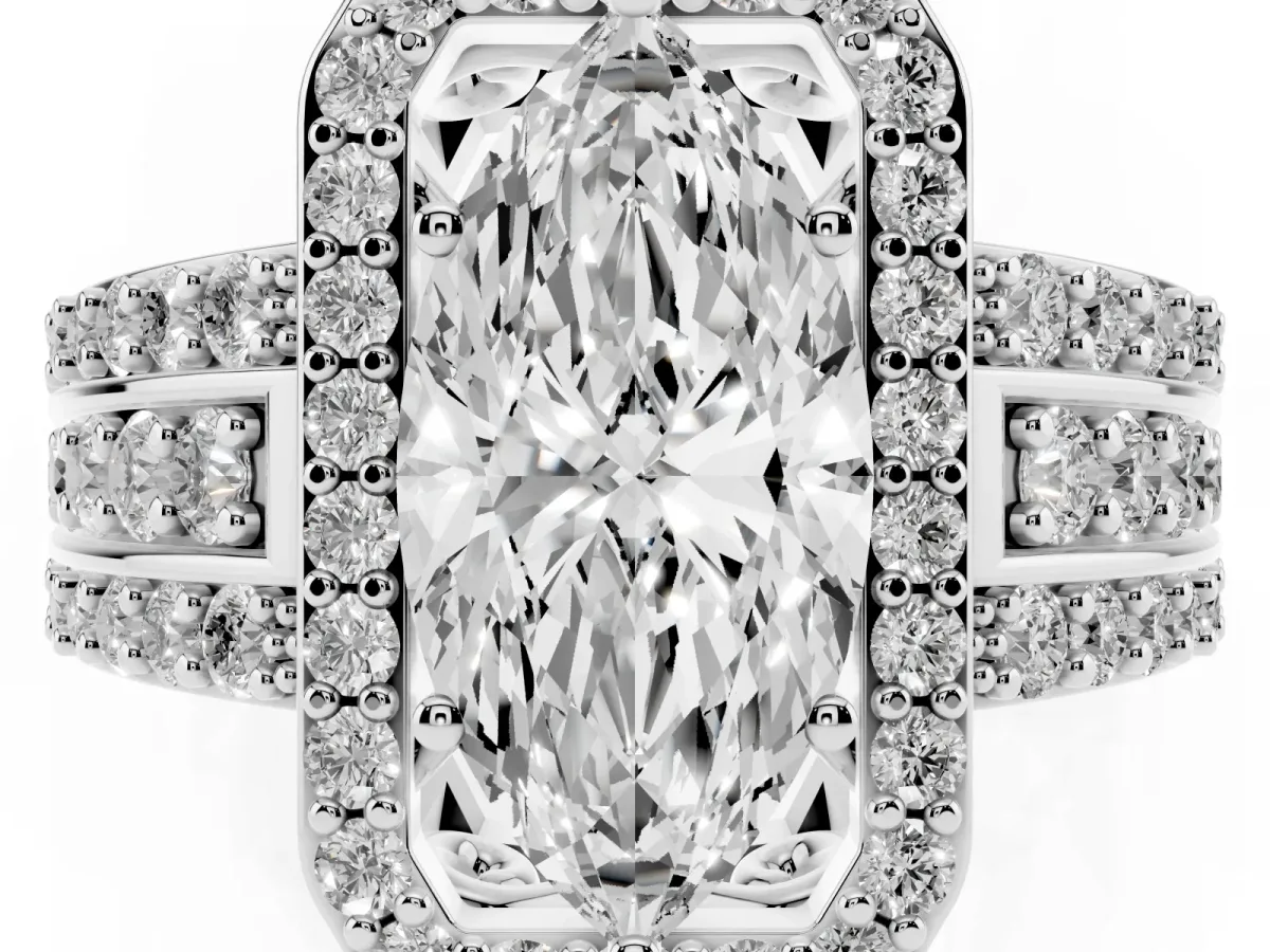 Marquise Cut Halo Diamond Ring with Round Split Shank and Prong Setting Silver