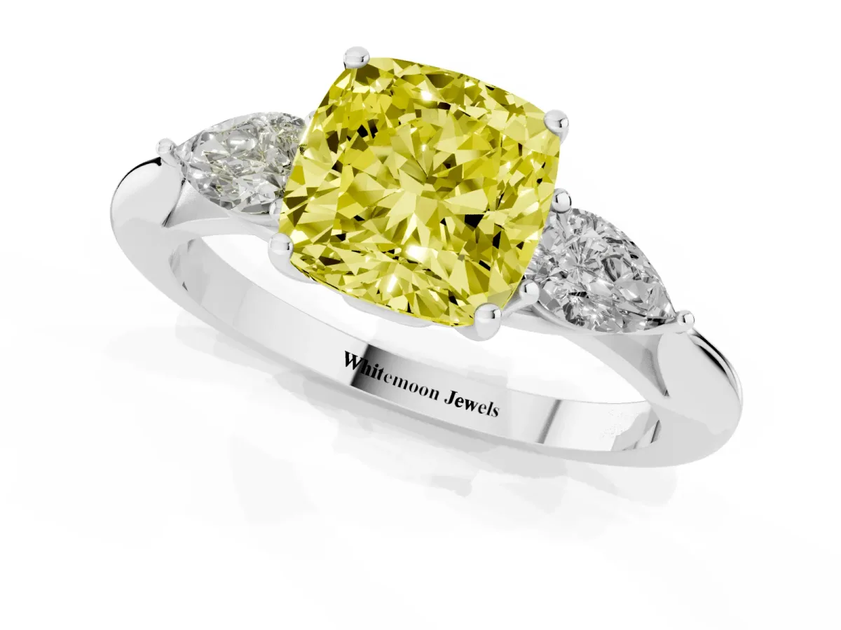 Fancy Yellow Three-Stone Cushion Cut Brilliant Diamond Solitaire Ring with Tapered Band and Four-Prong Setting Silver