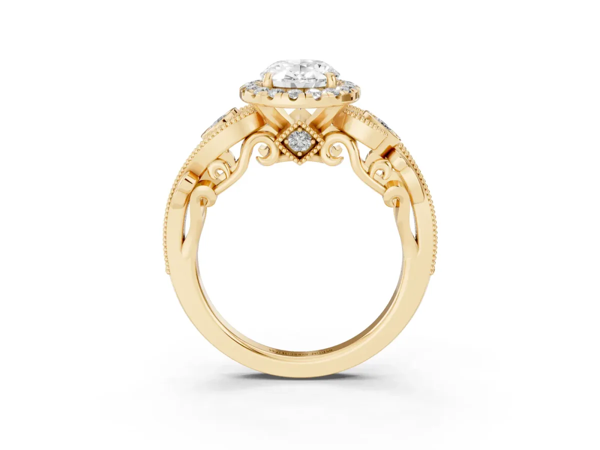 Oval Cut Halo Diamond Ring with Milgrain and Bezel Accents on a Split Shank Band Yellow gold