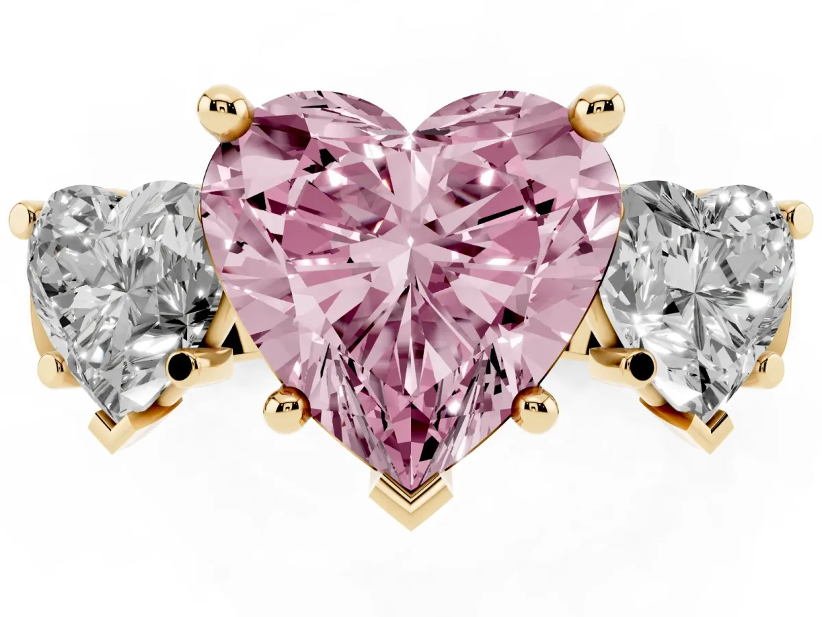 Fancy Pink Three-Stone Heart Cut Brilliant Diamond Trellis Ring with Comfort Fit Band Yellow gold