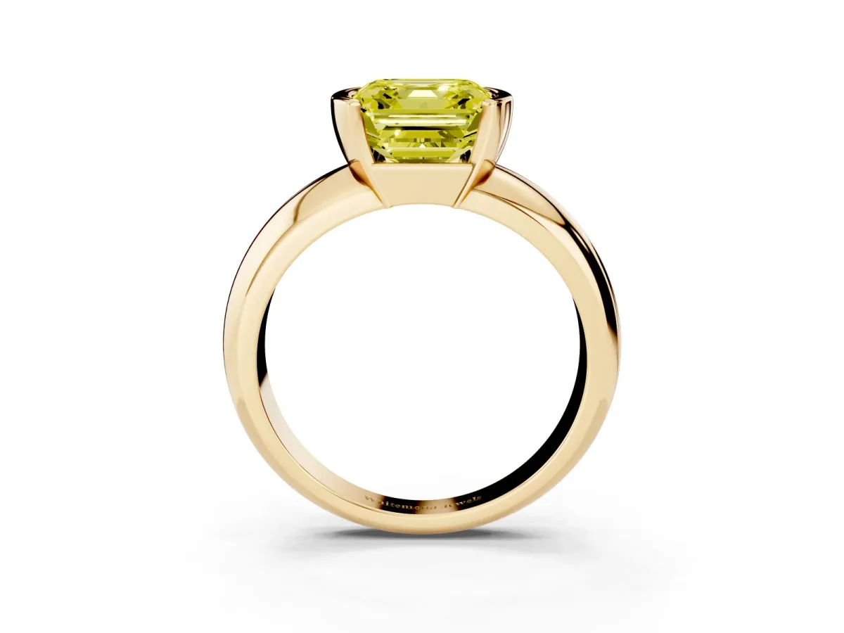 Fancy Yellow Asscher Cut Solitaire Tension Set Diamond Ring with Wide Band Yellow gold