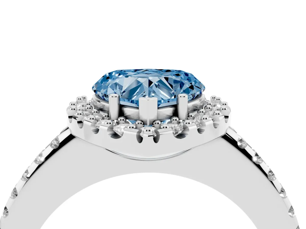 Fancy Blue Heart Cut Diamond Pavé Halo Ring with Four-Prong Setting Silver