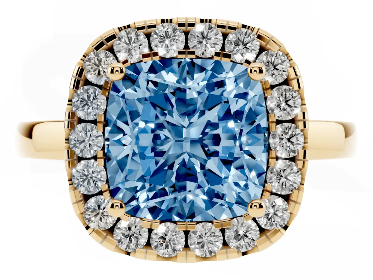 Fancy Blue Cushion Cut Halo Diamond Solitaire with Pavé Band and Four-Prong Setting Yellow gold