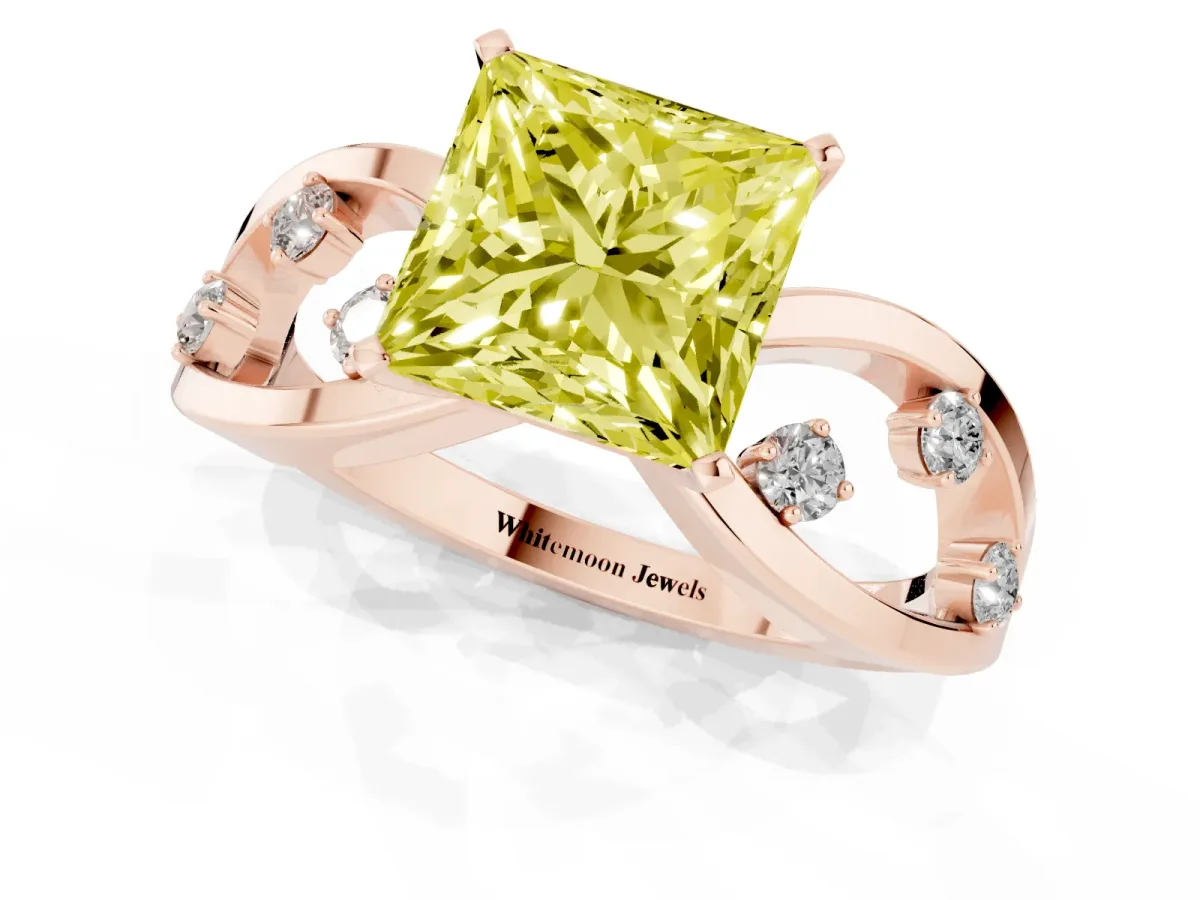 Fancy Yellow Princess Cut Cut Solitaire Diamond with Side Stones on Criss-Cross Band and Four-Prong Setting Rose gold