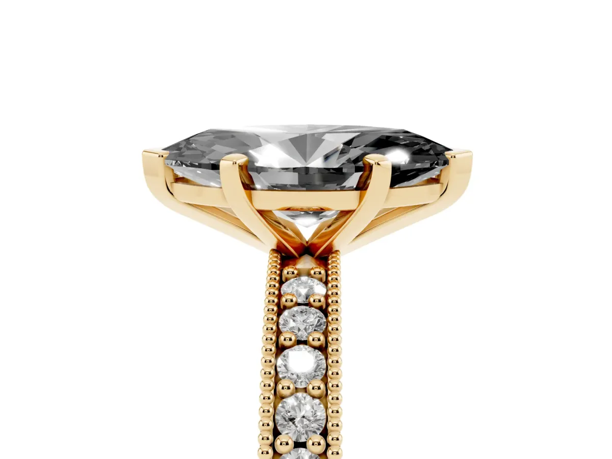 Fancy Black Marquise Cut Diamond Milgrain Pavé Engagement Ring with Four-Prong Setting Yellow gold