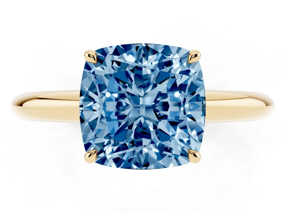Fancy Blue Cushion Cut Brilliant Solitaire Engagement Ring with Six-Prong Setting and Classic Band Yellow gold