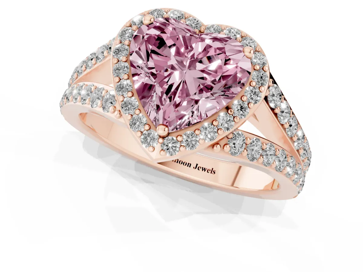 Fancy Pink Heart Cut Diamond Split Shank Halo Ring with Four-Prong Setting Rose gold
