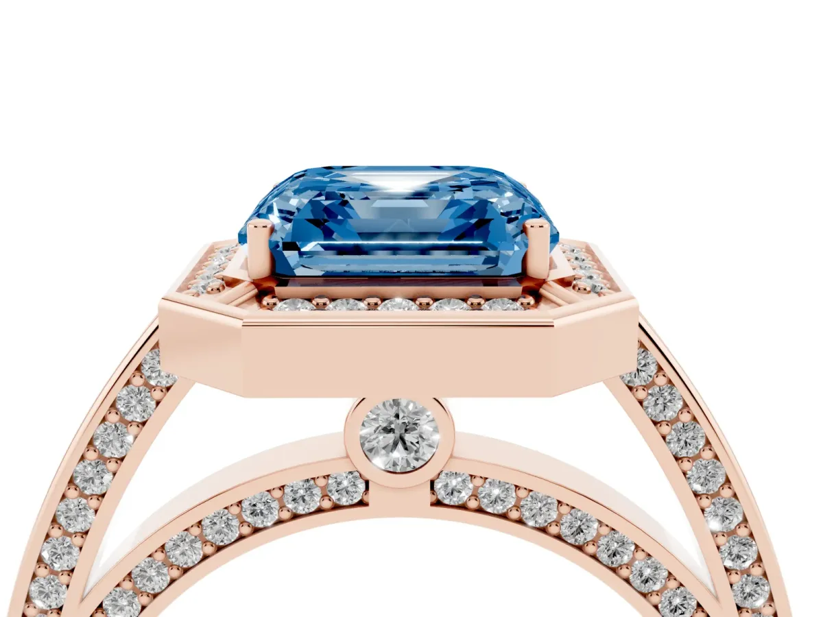 Fancy Blue Asscher Cut Cut Halo Pave Split Shank Prong Setting Ring Rose gold