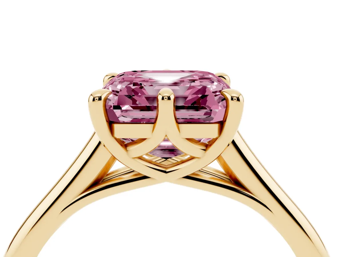 Fancy Pink Asscher Cut Solitaire Engagement Ring with Six-Prong Setting and Classic Band Yellow gold