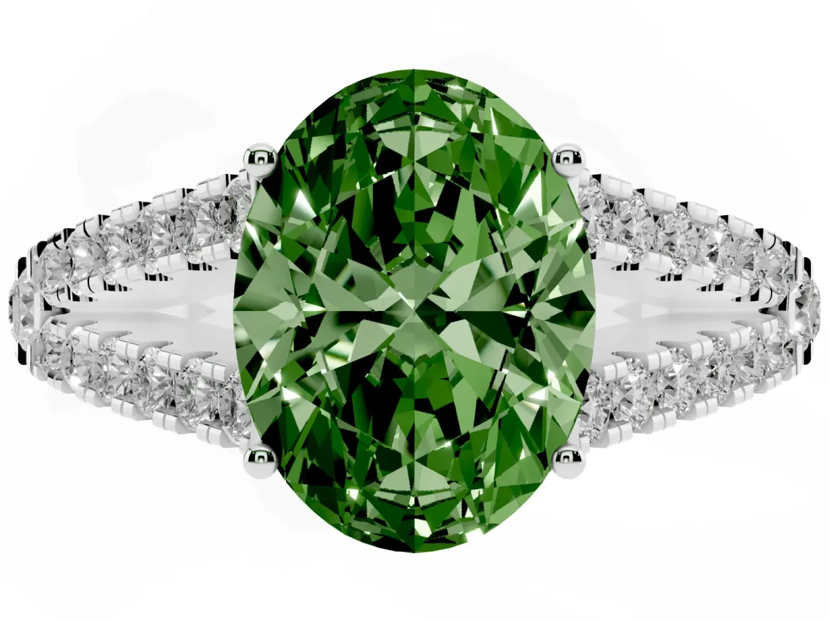 Fancy Green Oval Cut Diamond Split Shank Engagement Ring with Round Pavé and Prong Setting Platinum