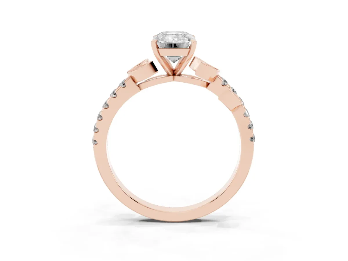 Emerald Cut Solitaire Leaf-Inspired Diamond Ring with Pavé Band and Four-Prong Setting Rose gold